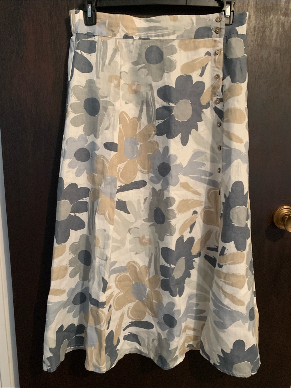 CHARLIE B linen Blue and Tan Floral A-Line Midi Skirt